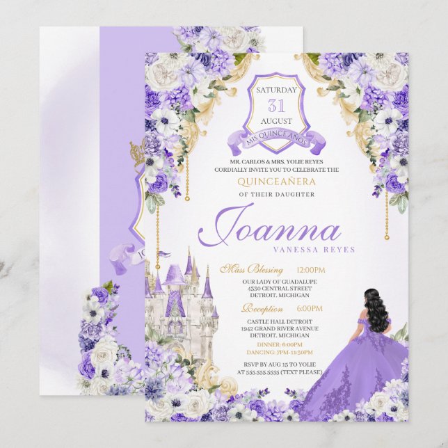 Purple Royal Princess Gold & Lavender Quinceanera Invitation (Front/Back)