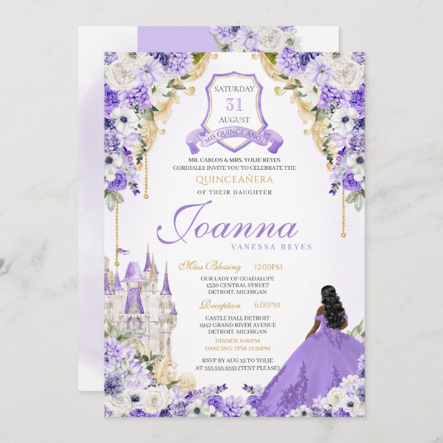 Purple Royal Princess Gold & Lavender Quinceanera Invitation (Front/Back)