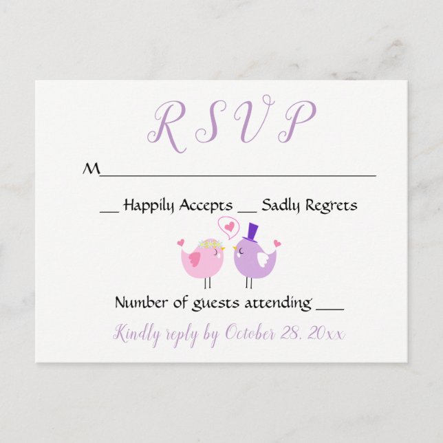 Purple RSVP Wedding Lovebird Pink Lavender Wedding Invitation Postcard (Front)