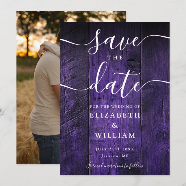 Purple Rustic Barn Wood Boho Chic Photo Wedding  Save The Date (Front/Back)