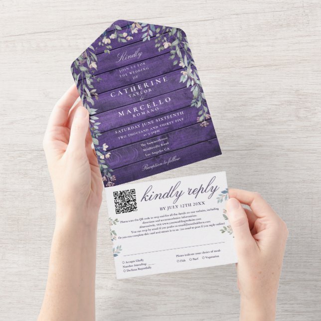 Purple Rustic Barn Wood Floral QR Code Wedding All In One Invitation (Tearaway)