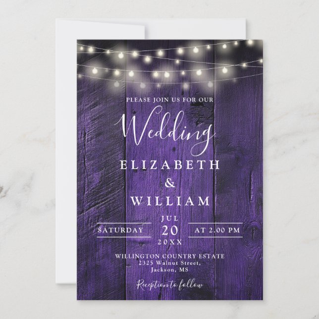 Purple Rustic Barn Wood String Lights Wedding Invitation (Front)