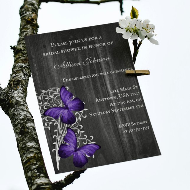 Purple Rustic Butterfly Bridal Shower Invite (Purple Rustic Butterfly Bridal Shower Invitation)