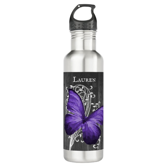 Purple Rustic Butterfly Personalised 710 Ml Water Bottle (Front)