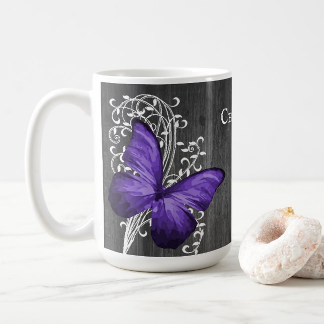Purple Rustic Butterfly Personalised Coffee Mug (With Donut)