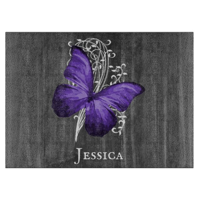 Purple Rustic Butterfly Personalised Cutting Board (Front)