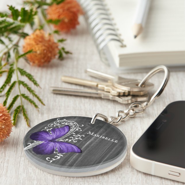Purple Rustic Butterfly Personalised Keychain (Front Right)