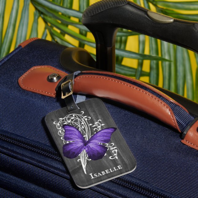 Purple Rustic Butterfly Personalised Luggage Tag (Front Insitu 1)