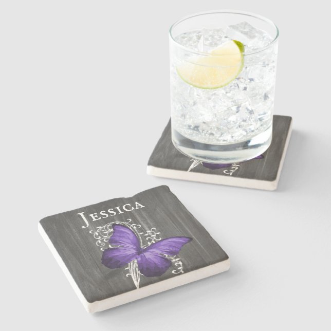 Purple Rustic Butterfly Personalised Stone Coaster (Side)