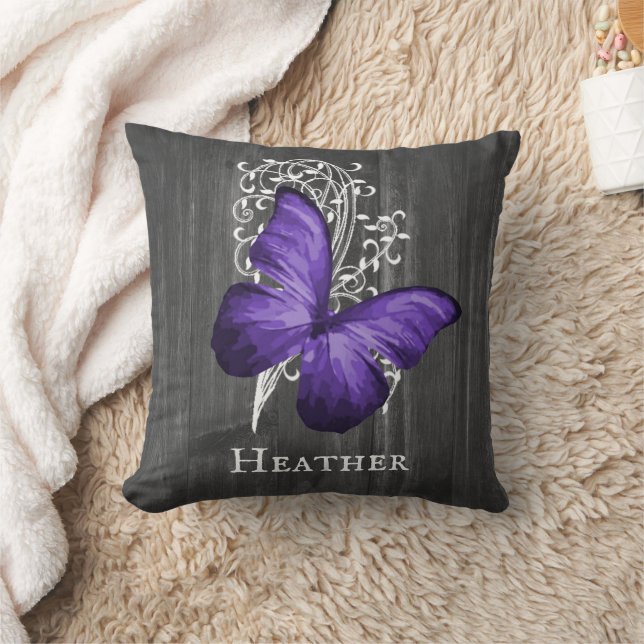 Purple Rustic Butterfly Personalised Throw Pillow (Blanket)