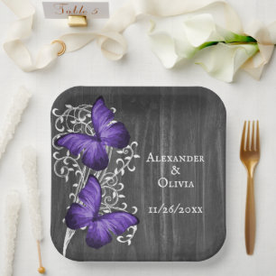 Purple Rustic Butterfly Wedding Paper Plate
