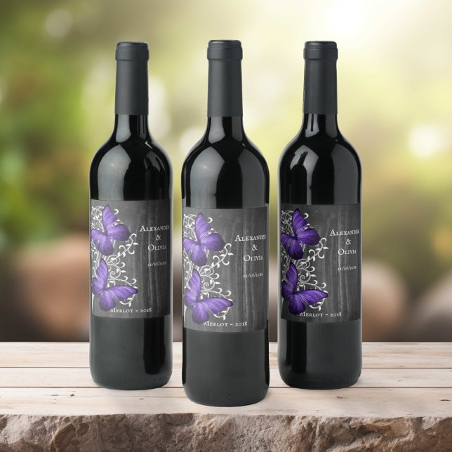 Purple Rustic Butterfly Wedding Wine Label (Purple Rustic Butterfly Wedding Wine Label)