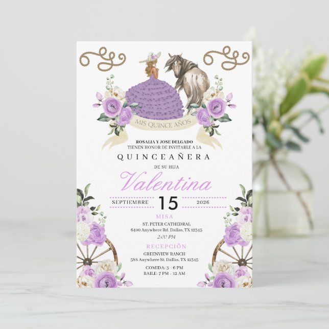 Purple Rustic Charro Cowgirl Western Quinceañera Invitation (Standing Front)