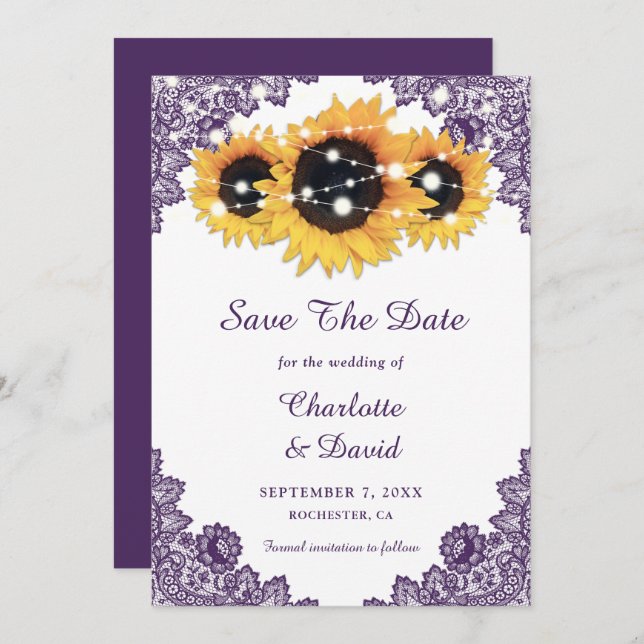 Purple Rustic Chic Lace Sunflower Save The Date (Front/Back)
