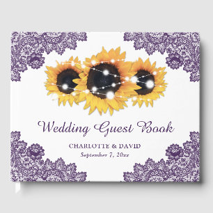 Purple Rustic Chic Lace Sunflower Wedding Guest Book