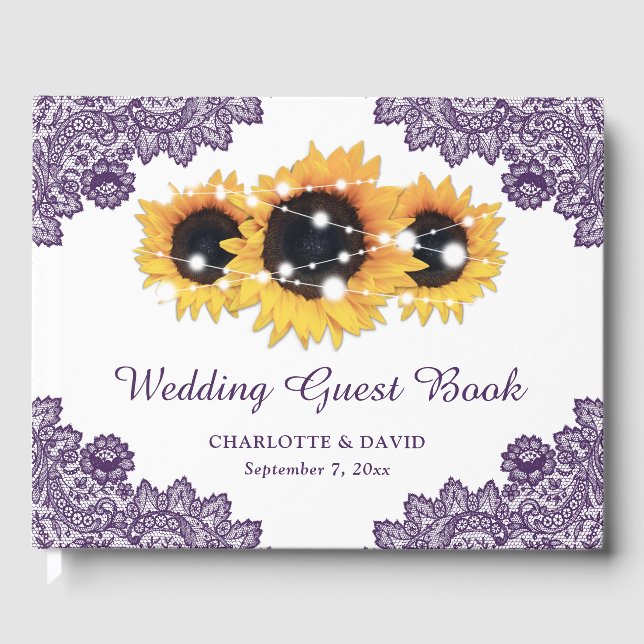 Purple Rustic Chic Lace Sunflower Wedding Guest Book (Front)