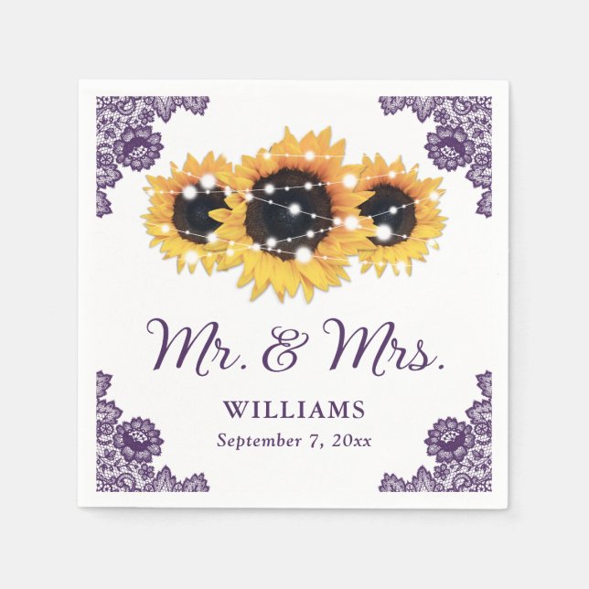 Purple Rustic Chic Lace Sunflower Wedding Napkin (Front)