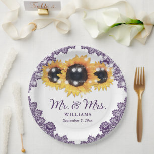 Purple Rustic Chic Lace Sunflower Wedding Paper Plate