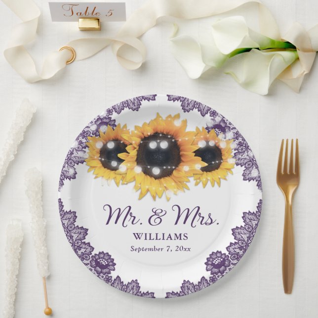 Purple Rustic Chic Lace Sunflower Wedding Paper Plate (Wedding)