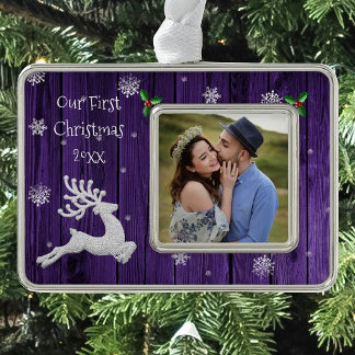 Purple Rustic Christmas Reindeer Framed First Silver Plated Framed Ornament