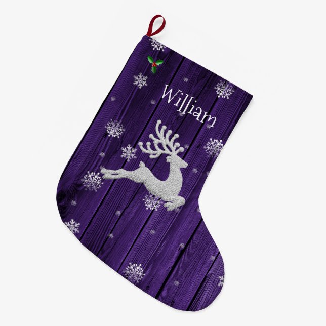 Purple Rustic Christmas Reindeer Stocking (Front (Hanging))