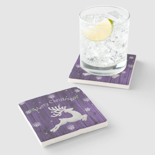 Purple Rustic Christmas Reindeer Stone Coaster (Side)
