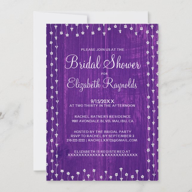 Purple Rustic Country Bridal Shower Invitations (Front)