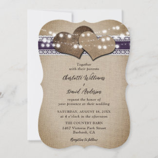 Purple Rustic Country Burlap Lace Wedding Invitation