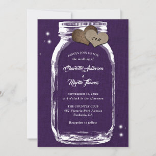 Purple Rustic Country Burlap Mason Jar Wedding Invitation
