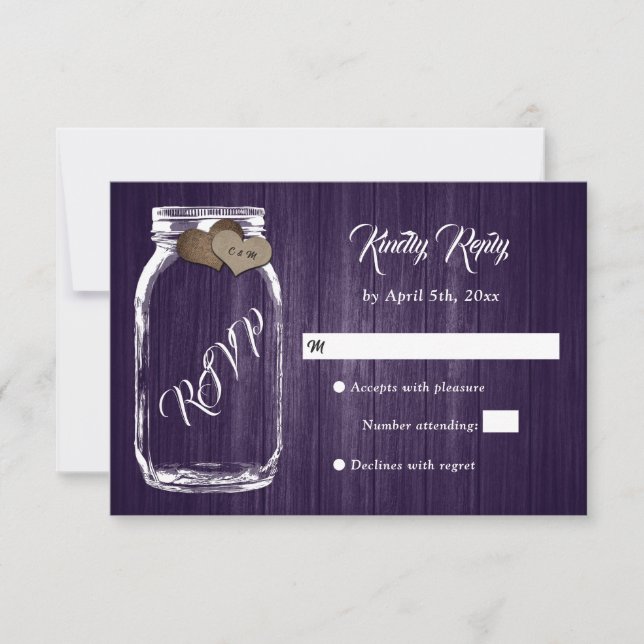 Purple Rustic Country Wood Heart Mason Jar Wedding RSVP Card (Front)