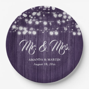 Purple Rustic Country Wood String Lights Wedding Paper Plate