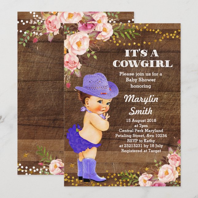 Purple Rustic Cowgirl Baby Shower Card (Front/Back)