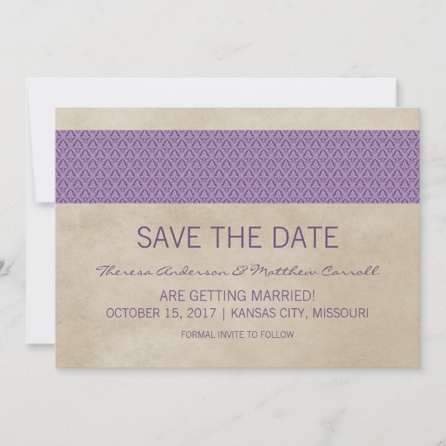 Purple Rustic Damask Save the Date Invite (Front)