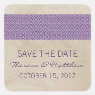 Purple Rustic Damask Save the Date Stickers