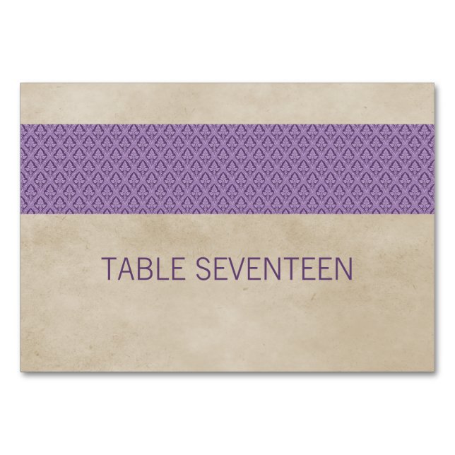 Purple Rustic Damask Table Card (Front)