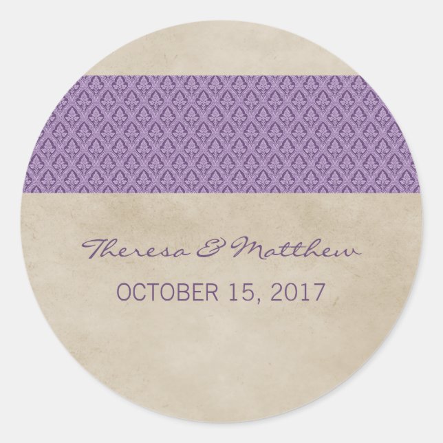 Purple Rustic Damask Wedding Stickers (Front)