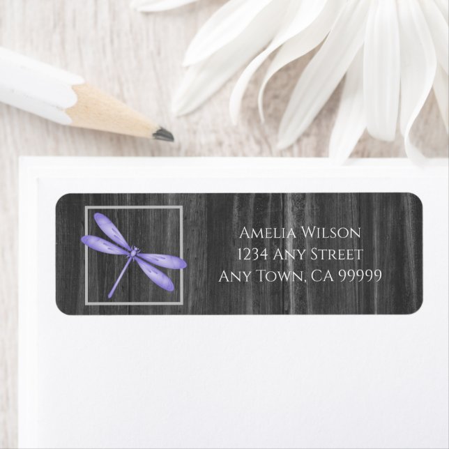 Purple Rustic Dragonfly Return Address Label (Insitu)