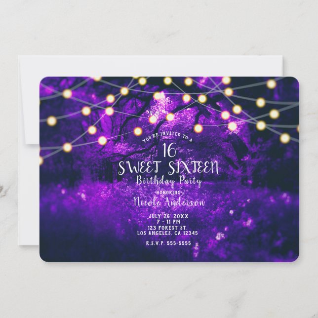 Purple Rustic Enchanted Forest Lights Sweet 16 Invitation (Front)