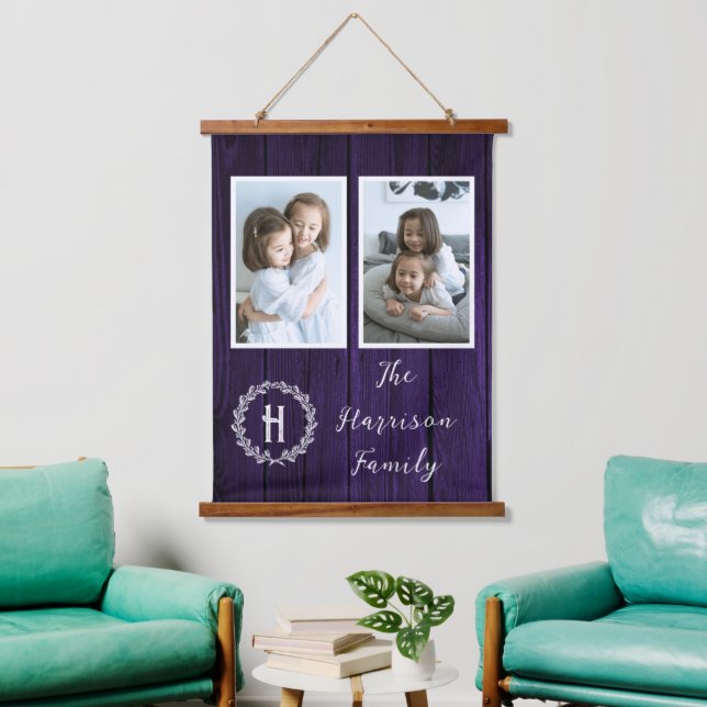 Purple Rustic Family Monogram Photo Hanging Tapestry (Living Room)