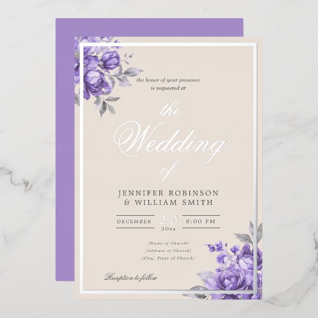 Purple Rustic Floral Elegant Script Wedding  (Front/Back)