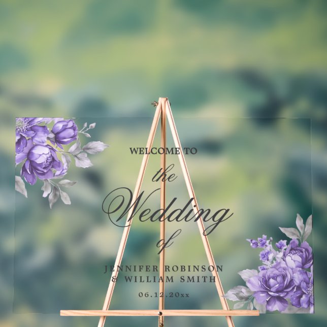 Purple Rustic Floral Elegant Script Wedding  Acrylic Sign (Neutral)