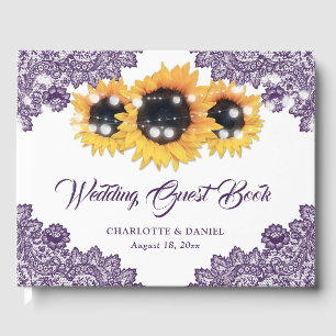 Purple Rustic Floral Lace Sunflower Wedding Guest Book