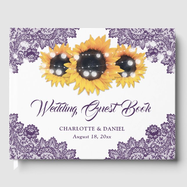 Purple Rustic Floral Lace Sunflower Wedding Guest Book (Front)
