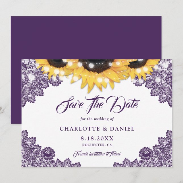 Purple Rustic Floral Lace Sunflower Wedding Save The Date (Front/Back)