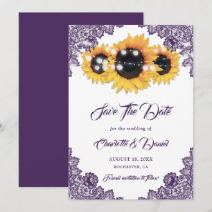 Purple Rustic Floral Lace Sunflower Wedding Save The Date