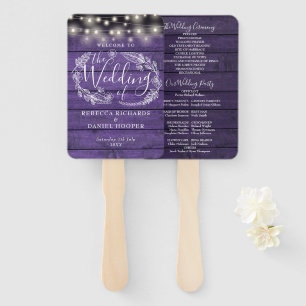 Purple Rustic Floral String Lights Wedding Program Hand Fan