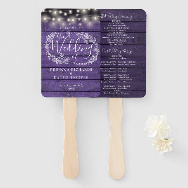 Purple Rustic Floral String Lights Wedding Program Hand Fan (Front and Back)