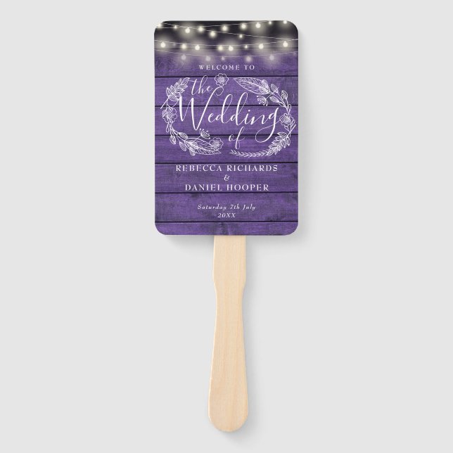 Purple Rustic Floral String Lights Wedding Program Hand Fan (Front)