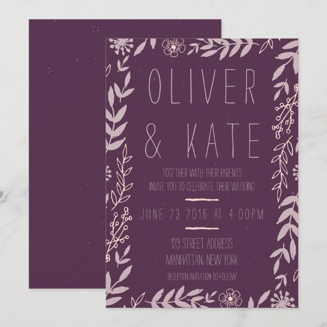 Purple Rustic Floral Wedding Invitation (Front/Back)