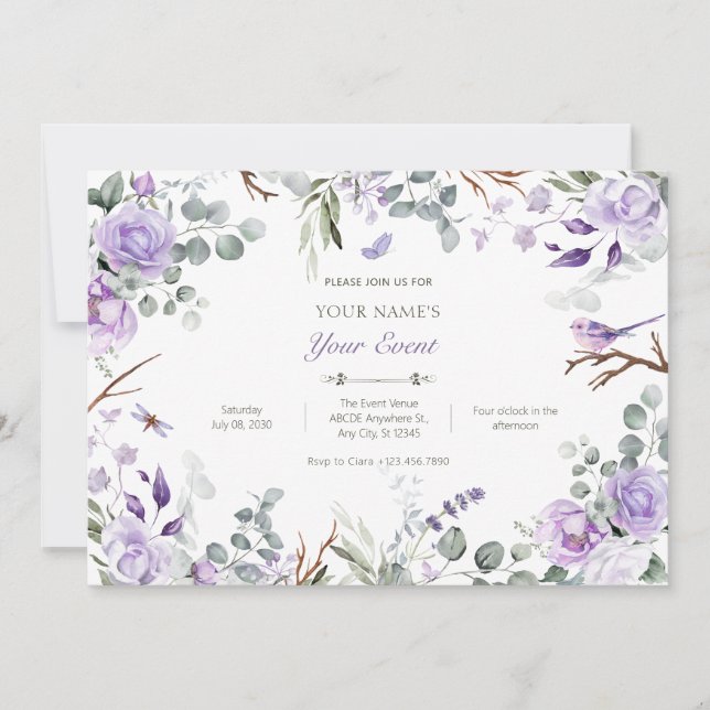 Purple rustic flowers invitation (Front)